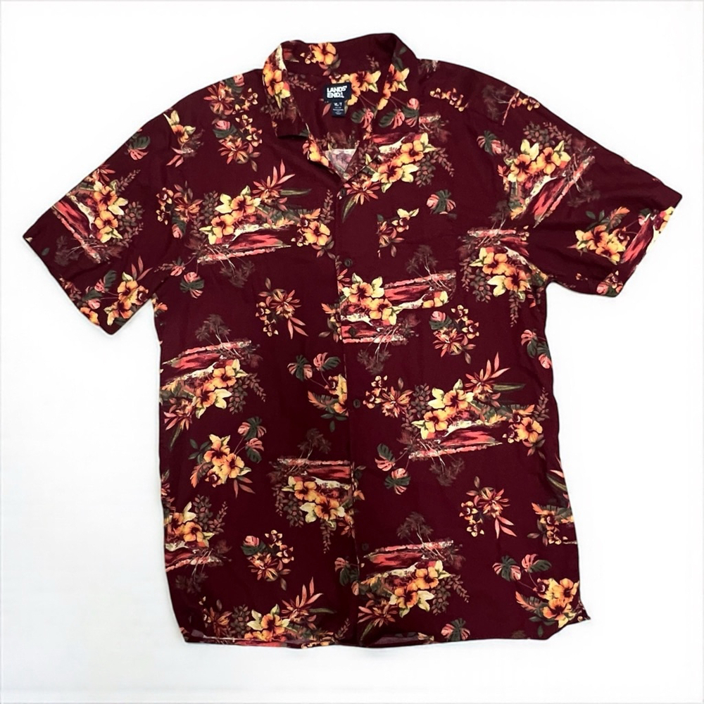 Lands’ End Men’s XL Tall Hawaiian Shirt Burgundy Yellow Floral Tropical
